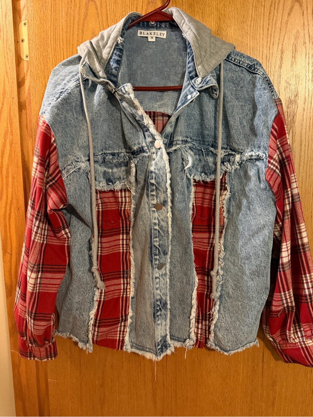Women's Red Plaid & Light Wash Denim Hooded Jacket by Blakely